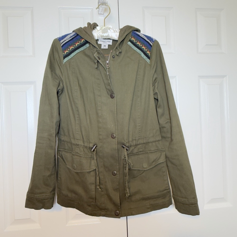 Celebrity Pink Army Green Hooded Embroidered Anorak Utility Jacket Size Small